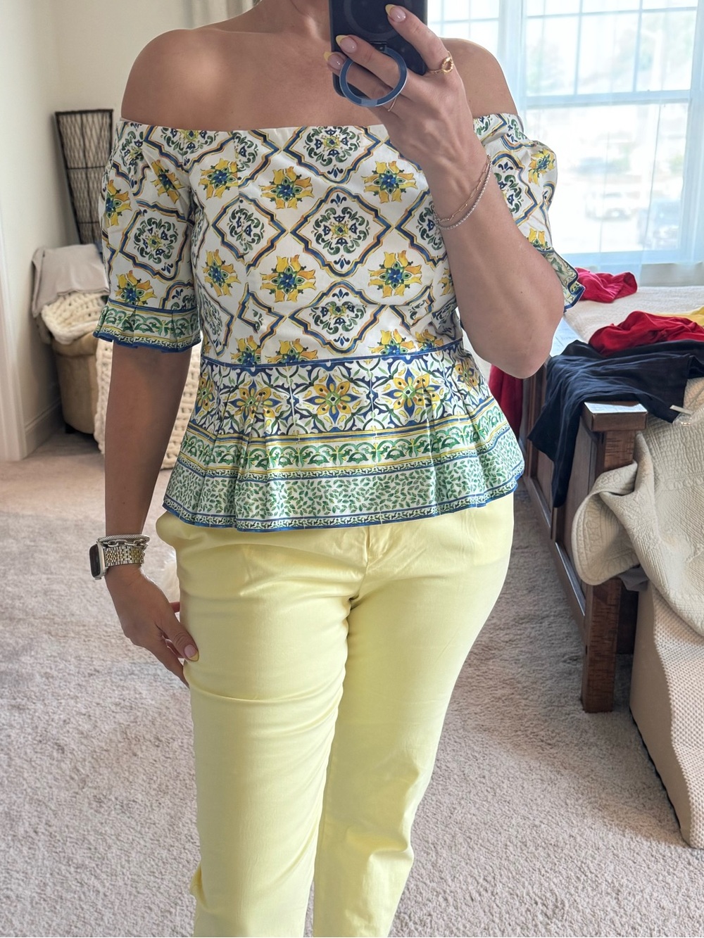 ANTONIO MELANI Yellow Green Blue Tile Print Skirt